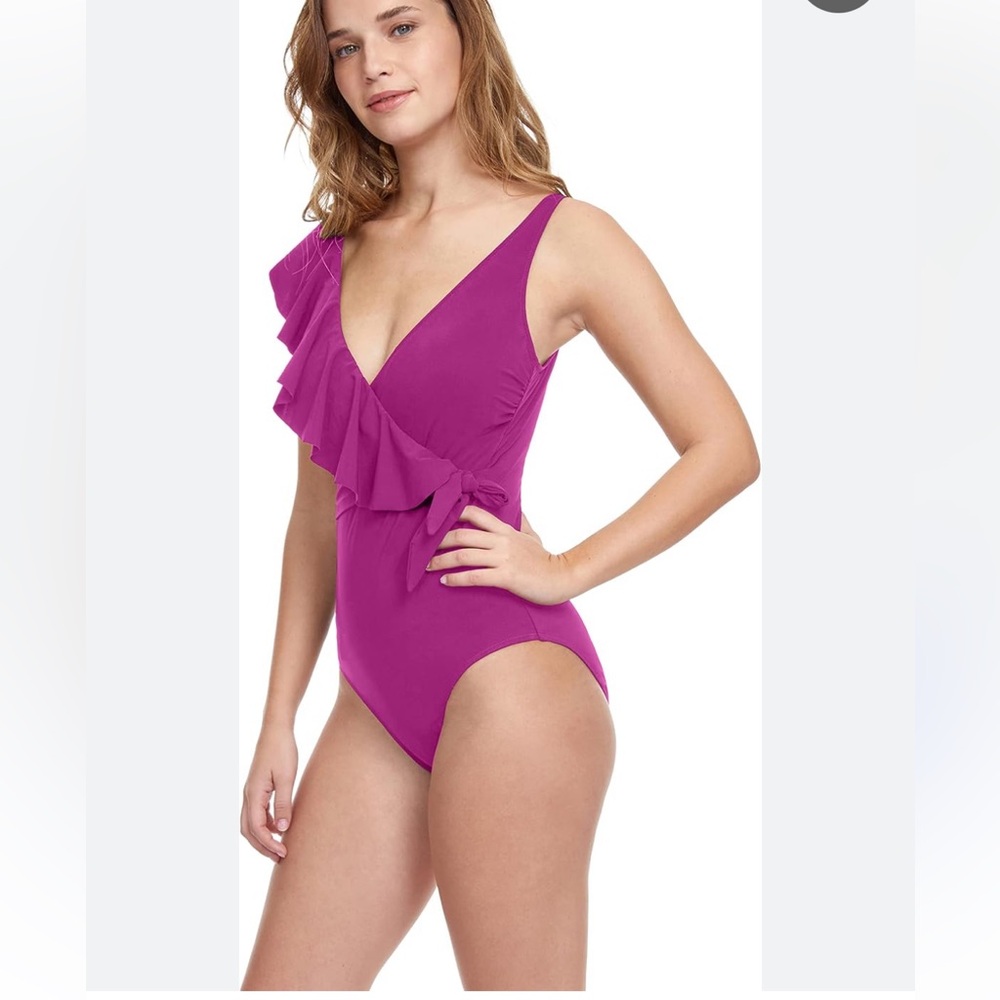 Gottex one piece ruffle swimsuit v neck purple pink Violoa wrap NEW‎